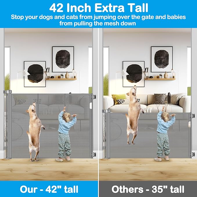 42 Inch High Retractable Baby Gates Extra Tall Retractable Pet Gate with Reinforced Strips 55 Inch Wide No Sag Mesh Baby Gate for Stairs Anti-Scratch Extra Tall Dog Gates for Doorways, Gray