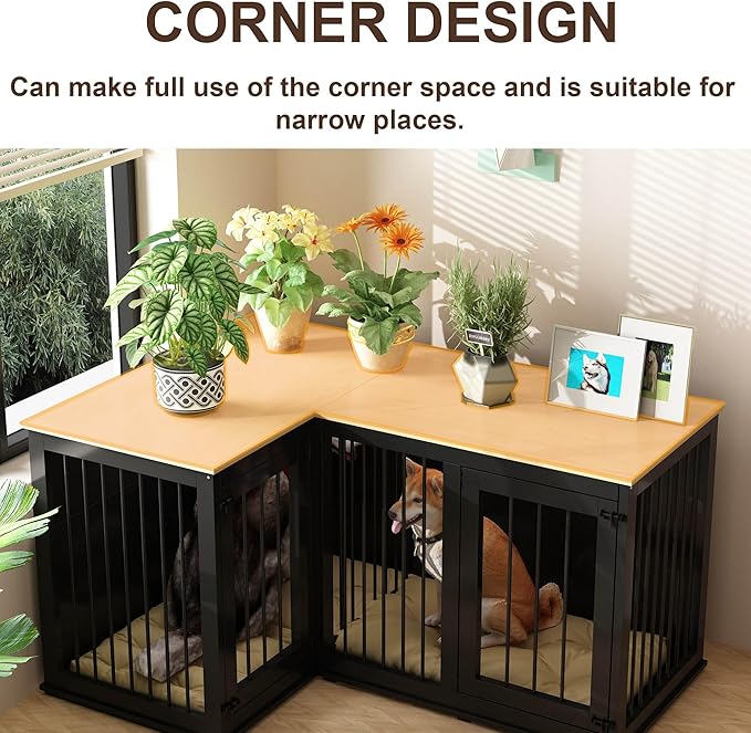 Lovinouse Corner Dog Crate Furniture for 2 Dogs, Indoor Wooden Furniture Style Heavy Duty Large Dog Kennel House with Double Rooms & Divider for Large & Medium Dogs, Black