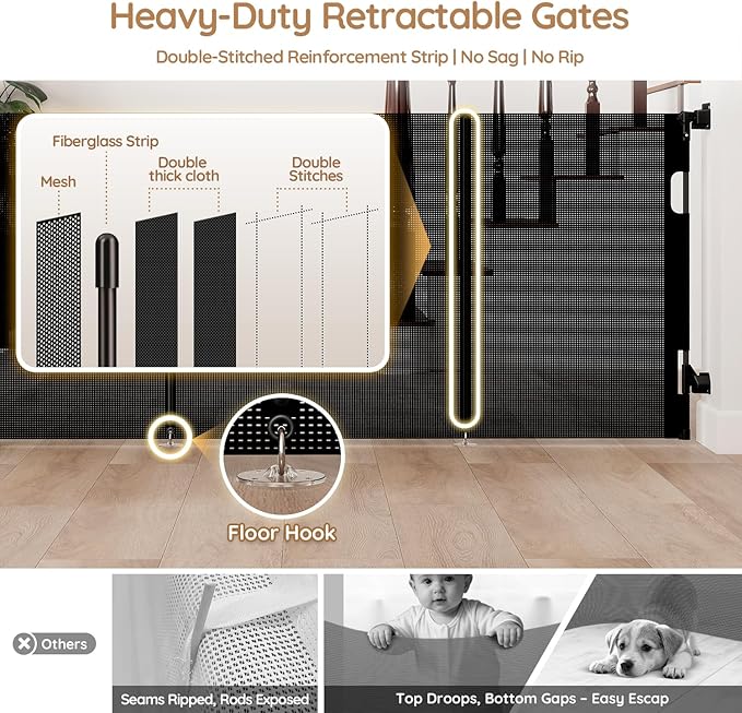 One-Hand Operation Retractable Baby Gates, 59 inch Retractable Gate with Reinforced Strip Design to Prevent Crawling Through, 5 FT Retractable Dog Gate for Stairs, Doorways, Hallways
