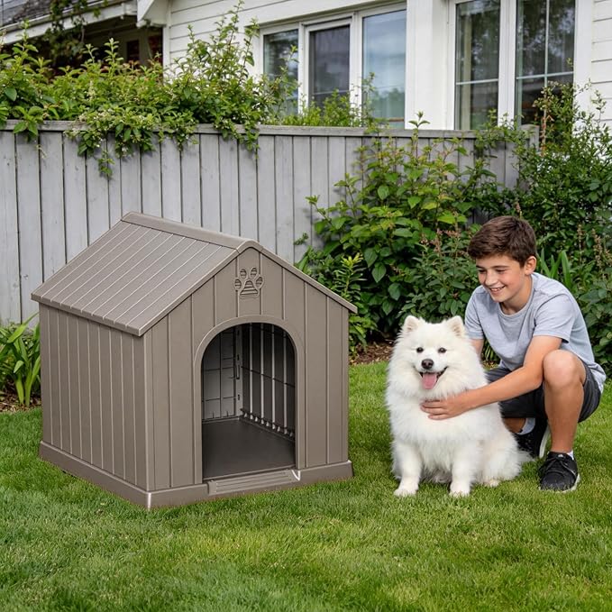 DRATO Indoor & Outdoor Dog Houses, Resin Material Dog House with Waterproof Roof and Raised Floor Design(Gray