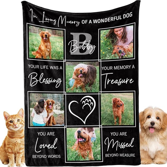 Bemaystar Pet Memorial Gifts for Dogs - Ships Next Day Custom Dog Blanket with Photo & Name Dog Memorial Gifts for Loss of Sympathy Gift Dog Cat Passing Away Remembrance Souvenir(6 Photos)