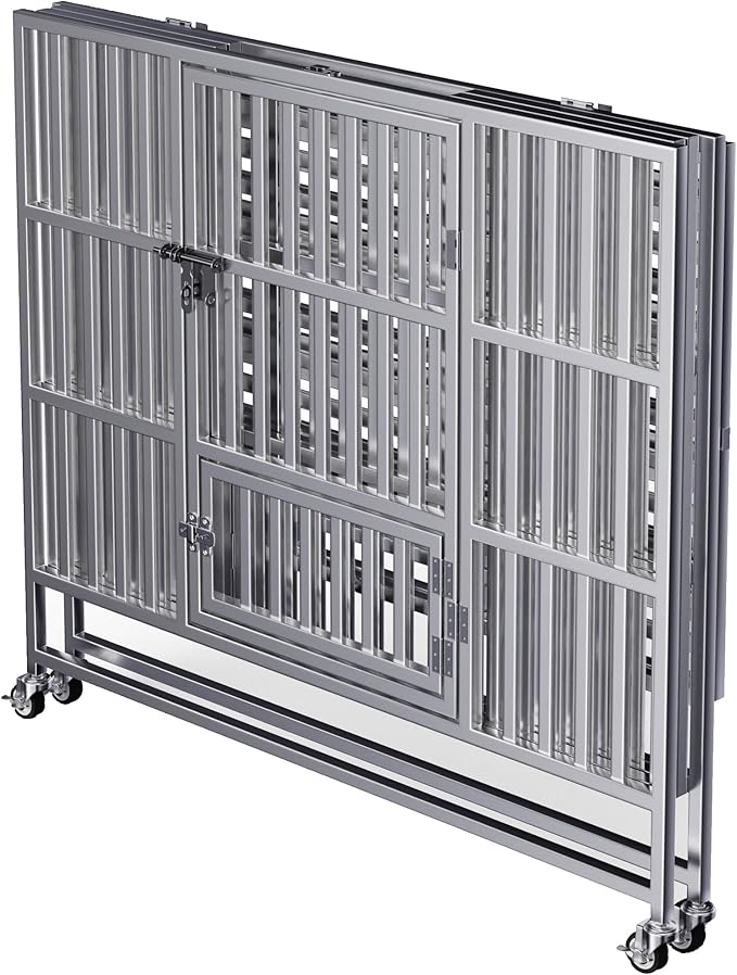 37" 42" 48" Heavy Duty Dog cage Stainless Steel Metal Kennel and Crate, Collapsible for Medium to Large Dogs, Easy to Assemble pet Pen with Four Lockable Wheels, Black Tray(37in)
