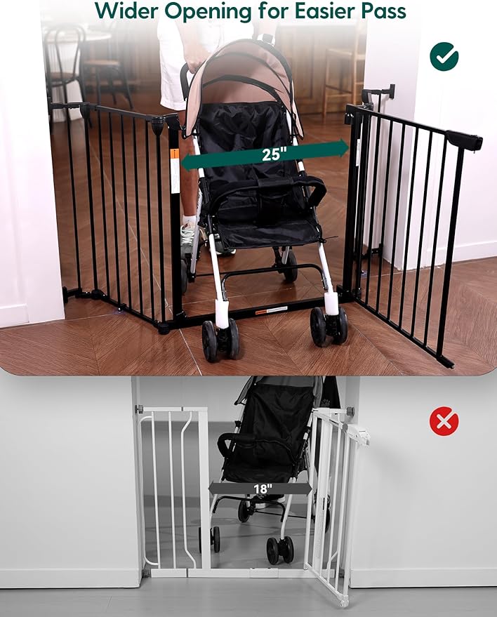 Babelio 104" Extra Wide Baby Gate, 30" Tall Auto Close Dog Fence for Stairs Doorways Fireplace, Hardware Mounted Pet Gate Indoor, Foldable 5 Metal Panels, Black