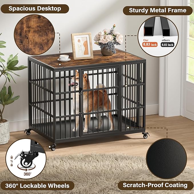 VERIFURTY 36 Inch Heavy Duty Dog Crate Furniture with Self-Locking Latch for Medium and Large Dogs, Escape-Proof Dog Kennel Furniture Indoor, Decorative Pet Cage End Table, Rustic Brown