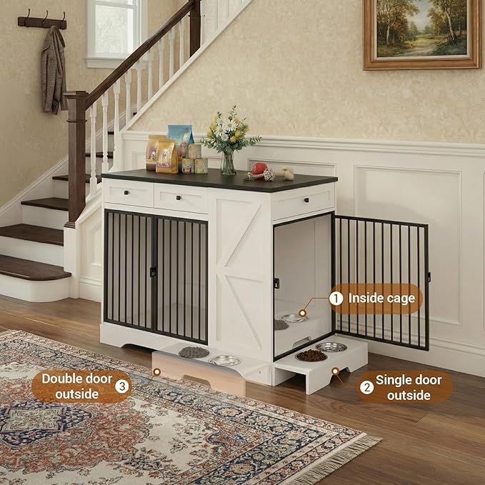 43.3" Dog Crate Furniture with Storage, Large Dog Kennel with 3 Drawers & 2 Feeding Bowls, Indoor Decorative Dog Cage for Large/Medium Dogs