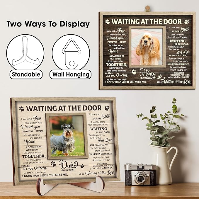 Pet Memorial Gifts for Dogs - Personalized Waiting at The Door Dog Memorial Picture Frame, Engraved Keychain, Pet Sympathy Card - Passed Away Sympathy Gift for Dog Lovers, Bereavement Decor Home