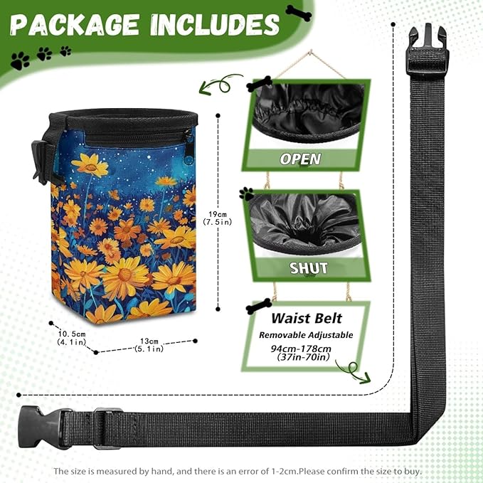 Night Daisy Dog Treat Bag Puppy Training Pouch Hands-Free Design Portable Dog Walking Bag Easily Carrying Treat Snack Bags Reward Pouch for Pet Travel or Outdoor Use