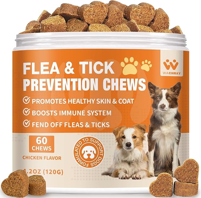 Flea and Tick Prevention for Dogs Chewables - Natural Dog Flea and Tick Treatment Chewable - Oral Flea Supplement for Dogs - Puppy Flea Support - All Breeds & Ages - 60 Soft Chews
