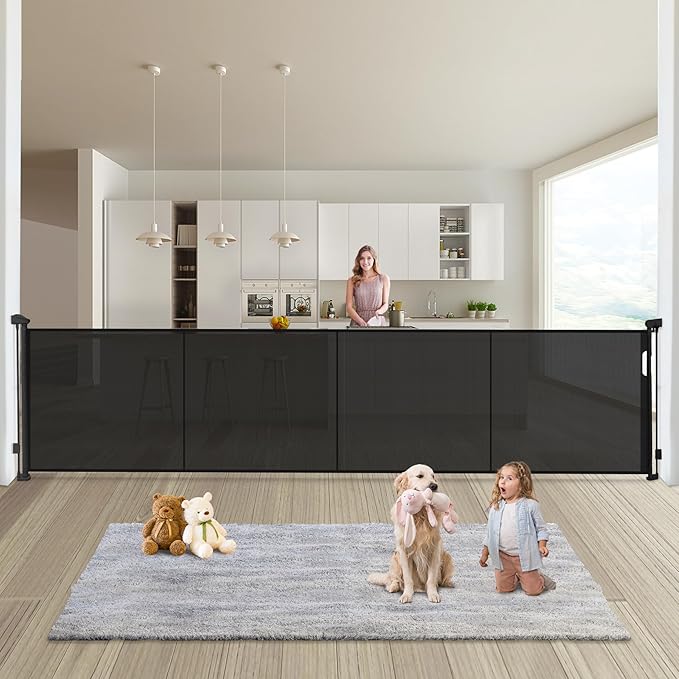 Retractable Baby Gates Dog Gate - 200" Extra Wide Expandable Child Safety Gate, 37" Tall Toddler Pet Mesh Gate with Reinforced Strips for Doorways, Stairs, Hallways, Outdoor & Indoor Large Openings