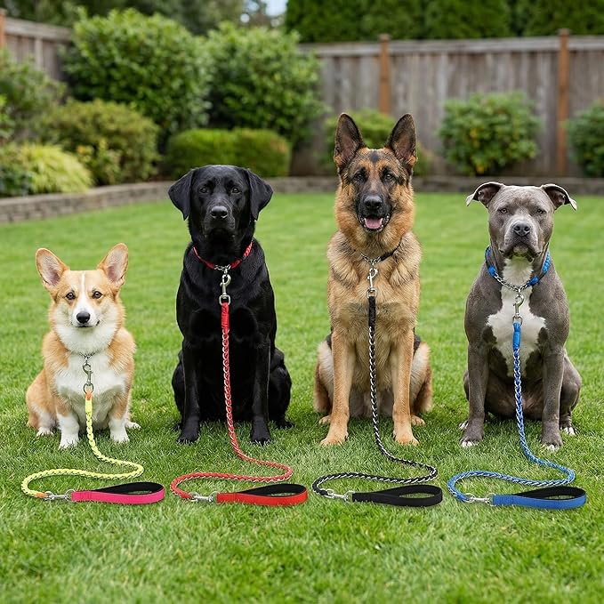 Chew Proof Metal Dog Leash with Built-in P-Chain Collar - 2FT/4FT for Small/Medium/Large Dogs (30-150lb), Anti-Bite Chain Link with Soft Padded Handle, 360° Rotating Clasp Colorful