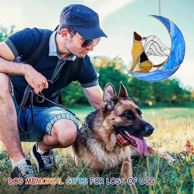 Dog Memorial Gifts for Loss of Dog - Pet Memorial Gifts for Dogs-Angel German Shepherd on Blue Moon Stained Glass Window Hanging, Dogs Passing Away Sympathy and Remembrance Comforting Pet Loss Gifts