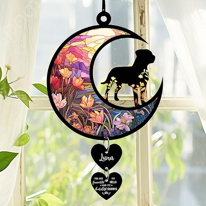 NAZENTI Personalized Dog Memorial Suncatcher, Sympathy Gift for Loss of Pet, Dog Remembrance Gift, Stained Glass Suncatcher, Custom Breed and Name, Pet Memorial Ornament Window Hanging