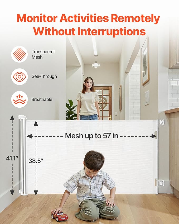 VEVOR Retractable Baby Gate, Extends to 57 inch Wide, 38.5 inch Tall, with Security Lock, Easy to Use, Walk Through Without Tripping, Mesh Dog Gate for Stairs, Hallways, Indoor/Outdoor, White
