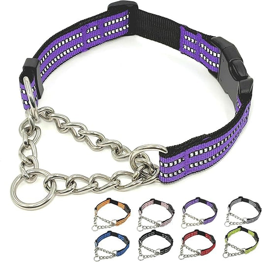 Martingale Dog Collars, Reflective Nylon Collar with Stainless Steel Chain, Adjustable Walking Training Dog Collars with Quick Release Buckle, Suitable for Small Medium Large Dogs(Purple,XL)