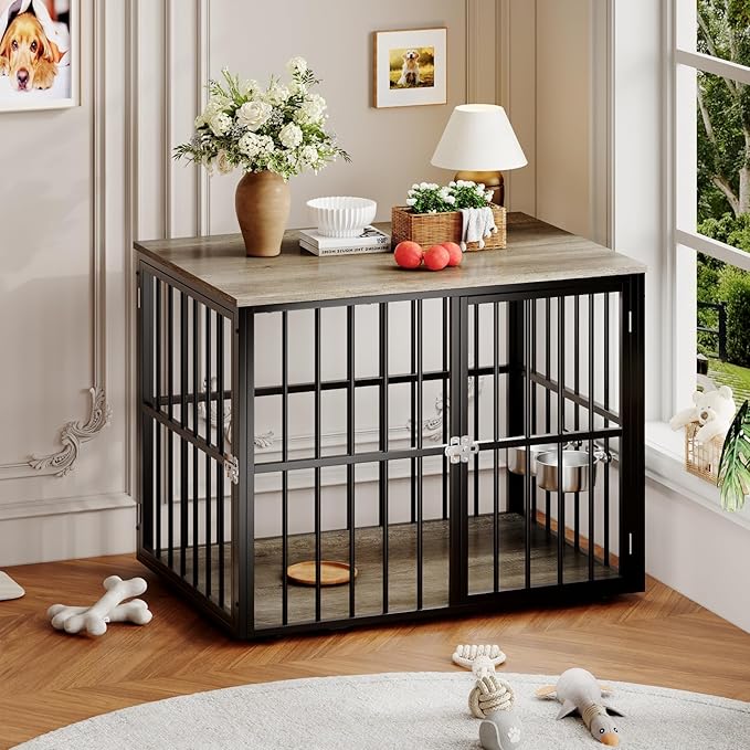 43" Large Dog Crate Furniture with Double Doors, Heavy Duty Indoor Pet Cage Pet House with Lockable Dog Kennel Furniture & Side End Table for Large/Medium Dogs Wooden Decorative