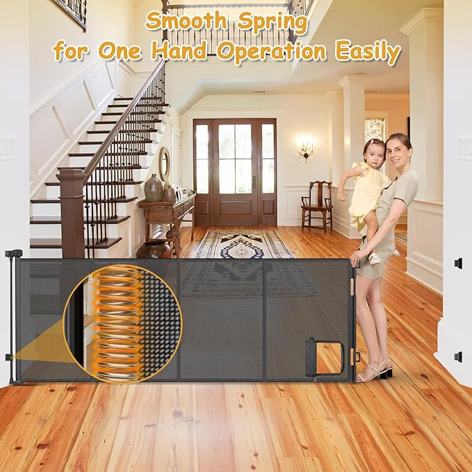 Reinforced 120 Inch Wide Retractable Baby Gates Extra Wide Pet Gate with Cat Door 10ft Extra Long Baby Gates for Large Openings 33 Inch Tall Reinforced Strips Retractable Dog Gate with Cat Door, Black
