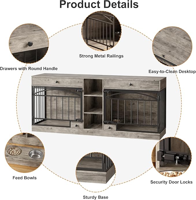 IDEALHOUSE 78.7" Double Dog Crate Furniture with Storage and 2 Doors, Dog Kennel Indoor with Feeding Bowls, Wood Dog Crate TV Stand for Small Medium Dogs, Grey