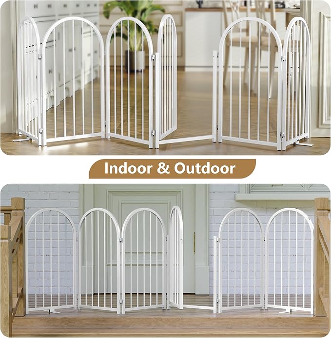 Full Metal Dog Gate with Door for Indoor Outdoor, 32" Tall Free Standing Pet Dog Fence, 108" Extra Wide Pet Gates for Stairs, Hallways, Doorways, Kitchen, Decks, Yards (White, 6 Panels)