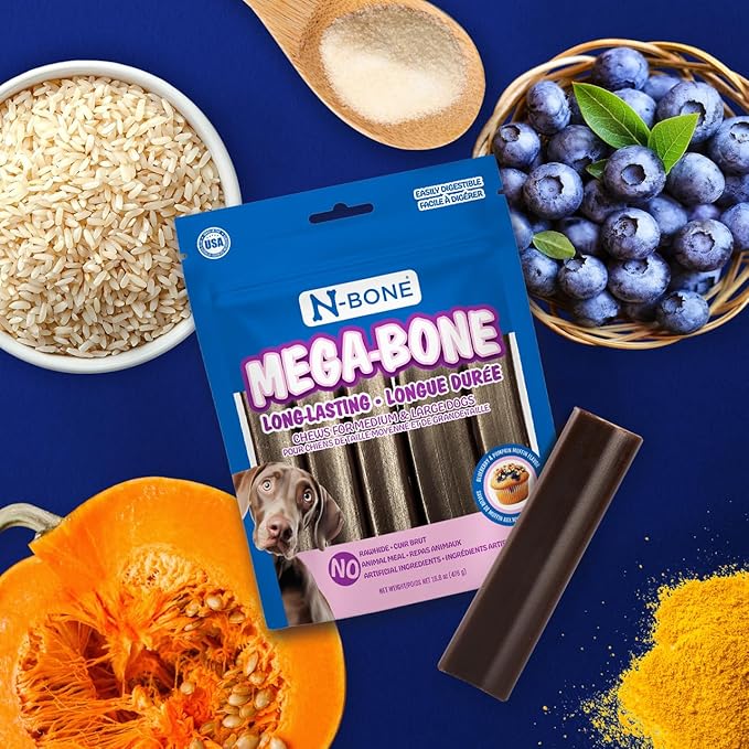 N-Bone Mega-Bone Long-Lasting Dog Chews, Blueberry Pumpkin Muffin Flavor, 6count, 16.8oz