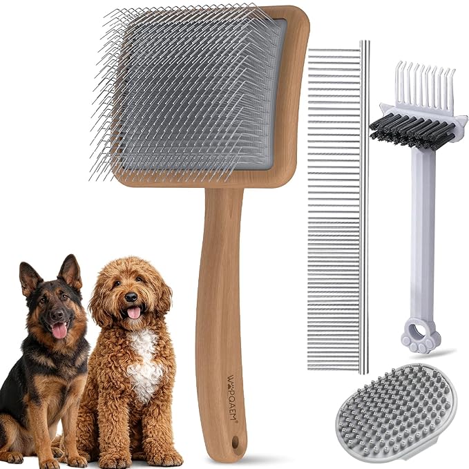 4-in-1 Beech Wood Slicker Brush for Dogs - Long Pin Dog Brush Grooming Kit for Doodles, Poodles, Goldendoodles & Thick Coats to Dematting & Reducing Tangles and Fluff