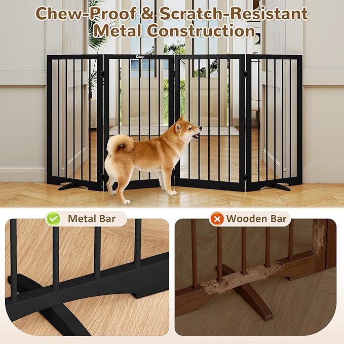32" Extra Tall Freestanding Dog Gate, Foldable Pet Gate for Doorways Stairs Hallways, 4-Panel Dog Fence with Support Feet for Stability, Folding Puppy Gate Easy to Carry No Drilling 72"x32"