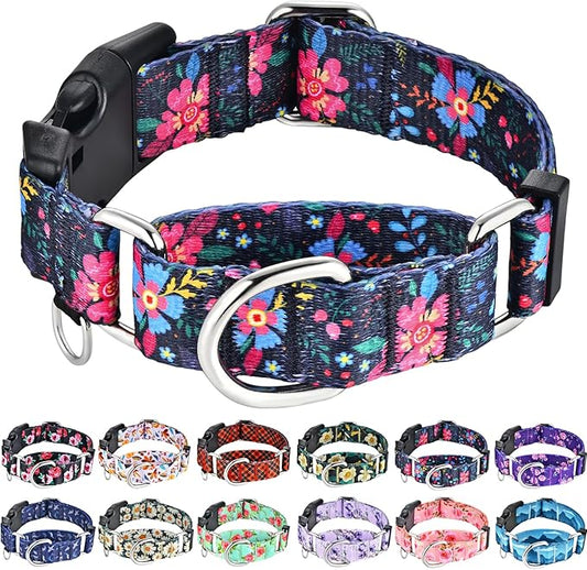 Martingale Collar for Dogs Floral Dog Collars for Small Medium Large Dogs with Buckle Adjustable Soft Nylon Dog Collar (Blue Pink Flower, XLarge)