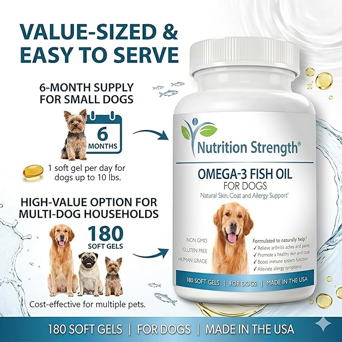 Omega 3 for Dogs - High EPA & DHA Fish Oil Soft Gels - Support for Itchy Skin, Seasonal Allergies, Shedding & Joint Health - Pure Wild Caught Source - 180 Count Value Size