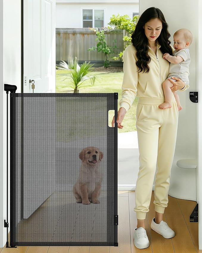 Retractable Baby Gate, 38" Extra Tall Mesh Baby Gate with Auto-Tension Design, 55" Wide One-Hand Operation Dog Gates for Doorways and Hallways, Safety Gate for Babies and Pets, Black