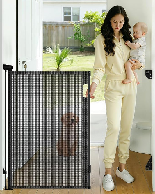 Retractable Baby Gate, 38" Extra Tall Mesh Baby Gate with Auto-Tension Design, 55" Wide One-Hand Operation Dog Gates for Doorways and Hallways, Safety Gate for Babies and Pets, Black