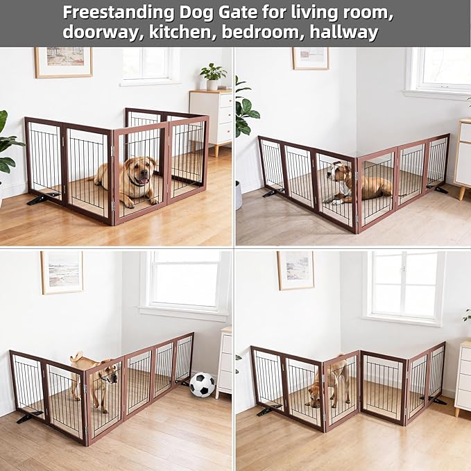 ZJSF Freestanding Dog Gate Indoor, Foldable Dog Fence for Doorways,Hallways or Stairs, Sturdy Wood Extra Wide Pet Gate with Support Feet,Brown,32 "Height-6 Panels