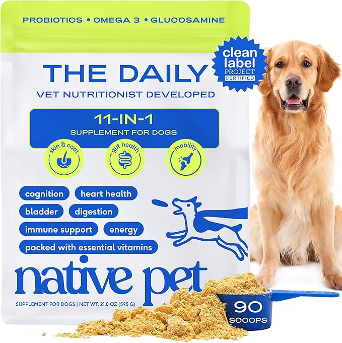 Native Pet The Daily Dog Vitamins & Supplements - 11-in-1 Multivitamin Powder for Dogs - Supports Whole Body Health, Digestion, Mobility & Immunity with Collagen, Glucosamine & Probiotics – 90 Scoops