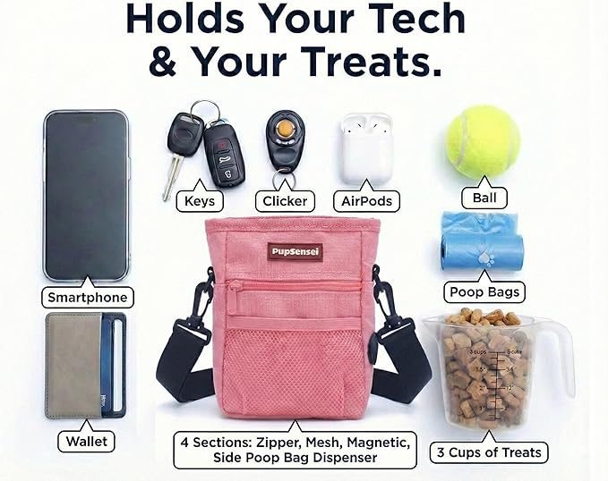 Dog Treat Pouch for Training – Magnetic Dog Treat Bag with Belt Clip & Poop Bag Dispenser – Hands Free Carry Pouch with Auto-Close Access & Shoulder Strap – Durable Pet Gear –Light Pink
