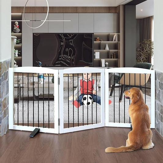 Freestanding Panel Dog Gate for Indoor, Doorways,Stairs, or Hallways,Foldable Wooden Dog Fence for House,Pet Gate for Dogs, Puppy Gate,Support Feet Included,24 "Height-3 Panels,White