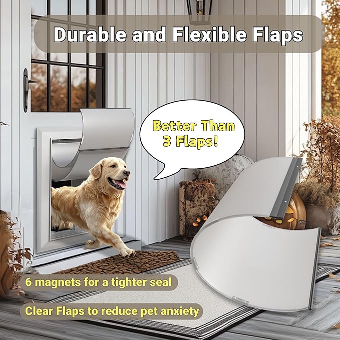 Aluminum Dog Door for Exterior, Cutout Size 14 1/2''W x 25 1/8''H, Heavy Duty Magnetic Double Flap for Extreme Weather, Energy-Efficient, Easy to Assemble, Lockable Panel Included, Sliver (X-Large)