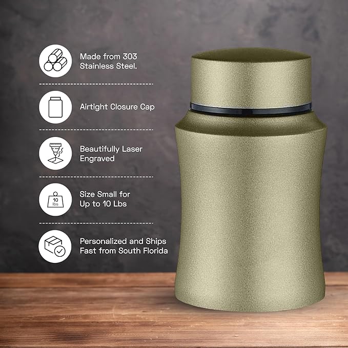 Customized Small Keepsake Urn Personalized Engraved with Pet Name, Date, and Dog Design - 4" Powder Coated Steel Cremation Mini Compact Urn for Dogs Ashes | 5–10 Lbs Capacity | Washed Gold, Love Print
