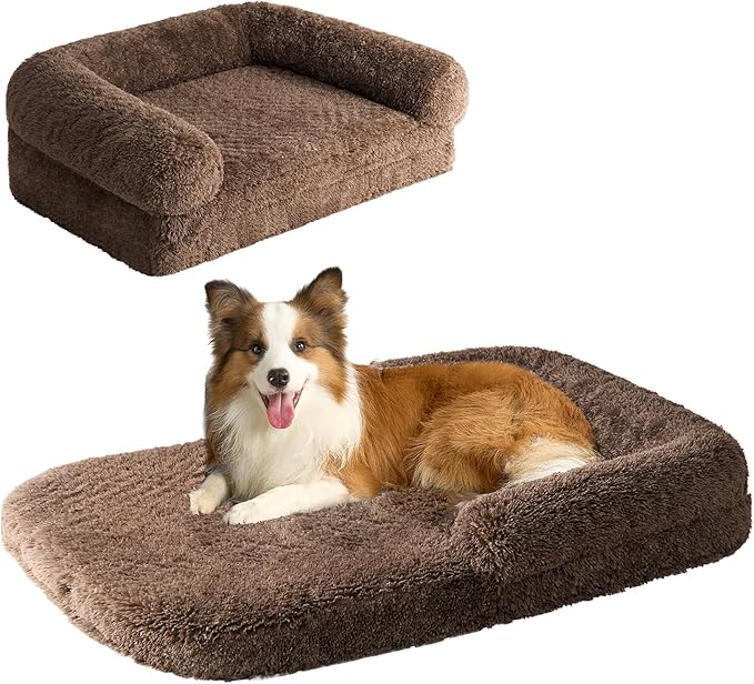 EHEYCIGA Foldable XL Dog Bed, 46"x34"x6.5" Faux Fur Fluffy Pet Couch Bed for Large Dogs, Orthopedic Calming Memory Foam Big Pet Bed, Washable Soft Pet Sofa Bed with Non-Slip Bottom, Brown