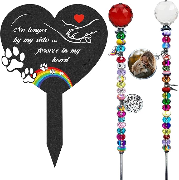 Andthen Dog Memorial Grave Stakes with 2 Memorial Plant Sticker - Metal Pets Lover Cemetery Markers Decorations for Humans Heart Plaques Decor for Outdoor Garden