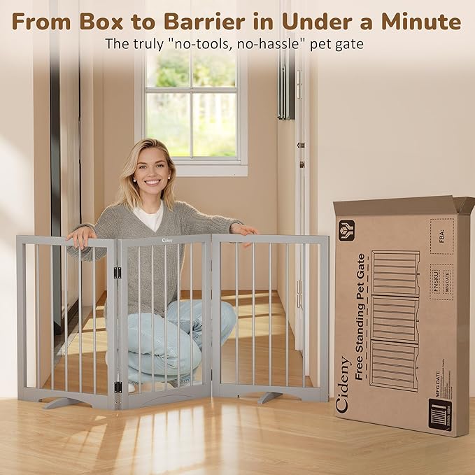 Free Standing Dog Gate Indoor, Foldable Dog Gate for Doorways Stairs Hallways, 3-Panel Freestanding Pet Gate with Support Feet for Stability, Folding Puppy Gate Easy to Move, Doggy Gate 54"x24"