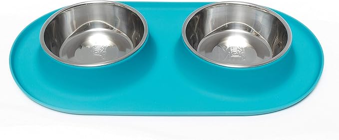 Messy Mutts Double Silicone Feeder with Stainless Bowls | Non-Skid Food Dishes for Dogs for All Pets | Dog Food Bowls | Medium, 1.5 Cups Per Bowl | Blue