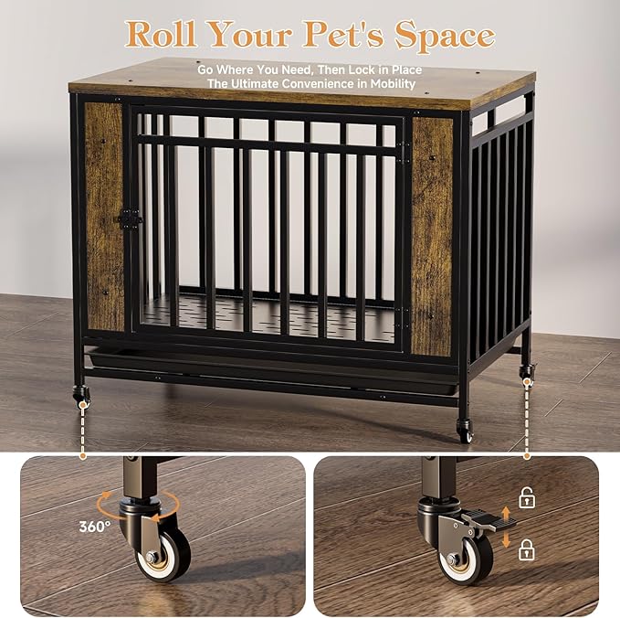 Medium Dog Crate Furniture with Removable Tray & Iron Door, 39" Heavy Duty Indoor Dog House Furniture Side Table with Lockable Wheels, Wooden Pet Kennel Crate for Medium Small Dogs (Black)