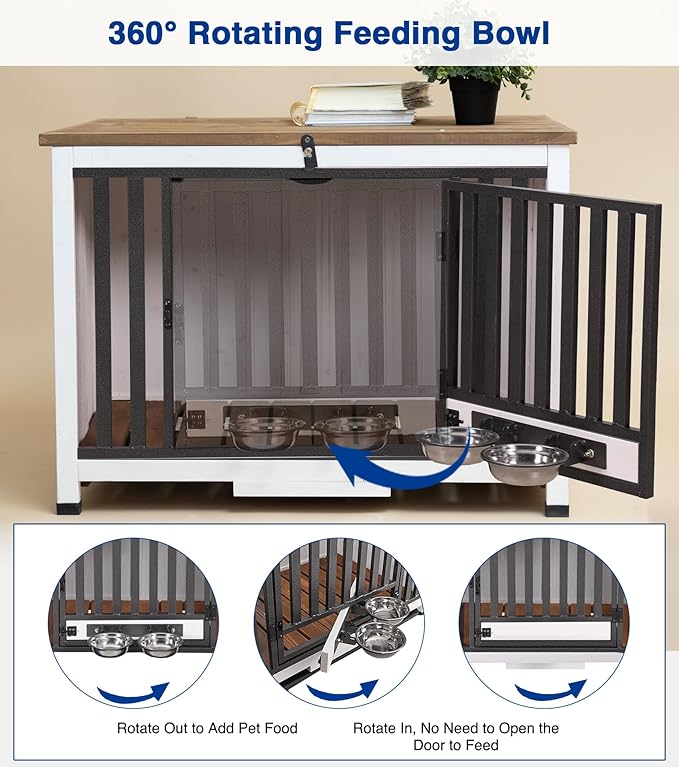 Dog Crate Furniture, Foldable Wooden Dog Kennel Furniture with 360° Rotating Feeding Bowls, Iron Frame Dog Crate with Deepened Sliding Tray, 33" L - White Brown