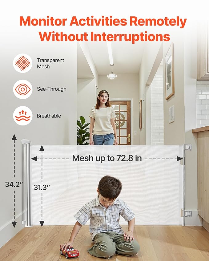 VEVOR Retractable Baby Gate, Extends to 72.8 inch Wide, 31.3 inch Tall, with Security Lock, Easy to Use, Walk Through Without Tripping, Mesh Dog Gate for Stairs, Hallways, Indoor/Outdoor, White