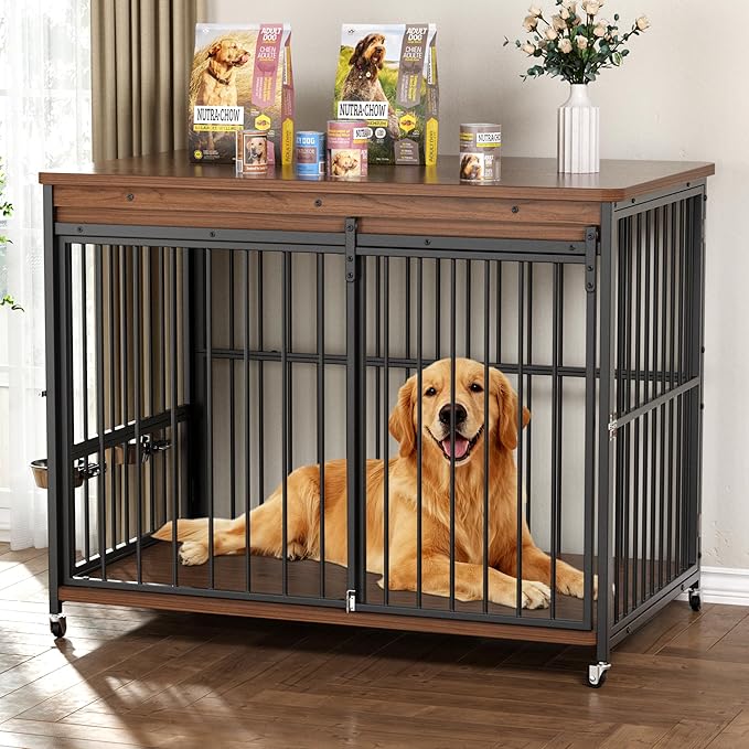 Dog Crate Furniture, 48’’ Wooden Dog Kennel Indoor with Sliding Front Door, Multi-Side Openings & Feeding Window Pet Cage House as TV Stand(Brown)