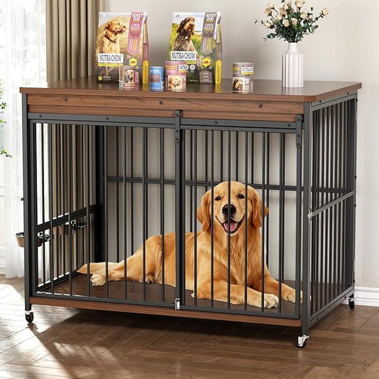 Dog Crate Furniture, 48’’ Wooden Dog Kennel Indoor with Sliding Front Door, Multi-Side Openings & Feeding Window Pet Cage House as TV Stand(Brown)