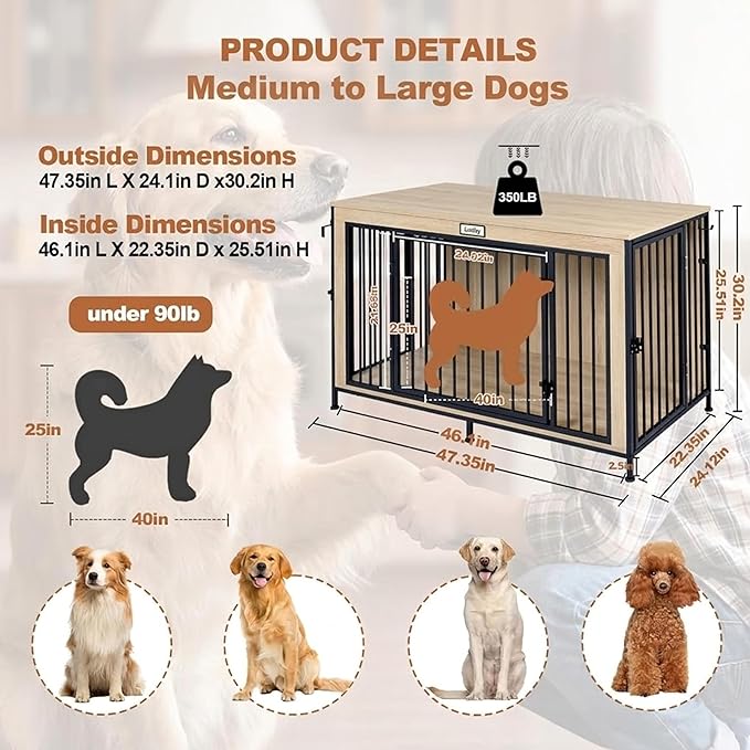 48" XL Dog Crate Furniture for Large Dogs, Farmhouse Light Oak Wood Dog Kennel, Heavy Duty Anti-Chew Steel Frame, Escape Proof Pet Crate, 3 Door Indoor Dog House, TV Stand Entertainment Center 350LB