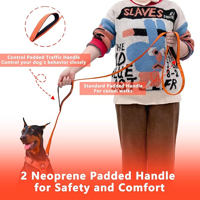 Dog Leash 6.5ft Long, Double Handle Dog Leash for Safety Control Training, Heavy Duty Dog Leads with Traffic Padded Handles, Reflective Leashes for Small Medium Large Dogs(6.5ft, Orange)