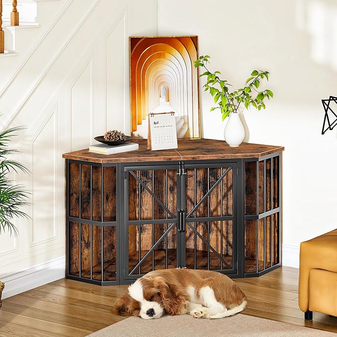 44" Corner Dog Crate Furniture, Corner Dog Kennel Furniture with X-Design Metal Frame, Corner Dog Crate TV Stand for Medium Dogs, Pet Crates Corner End Table, Rustic Brown and Black TGW03BF