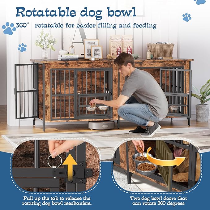 Grepatio 79" Double Dog Crate Furniture for 2 Dogs, Large Dog Kennel with 360° Rotating Feeder Bowls, Indoor Double Dogs Crates with 4 Doors, Wooden Dog Crate TV Stand with Removable Divider