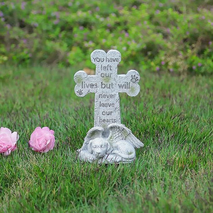 Memorial Statue - Sleeping Dog Angel Cross Tombstone, Grave Marker for Deceased Pet, Loss of Dog Memorial Sympathy Gift - Polyresin, Stone Finish, 8.27 Inch