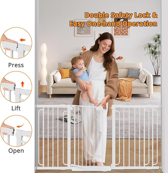 Extra Wide Baby Gate with Door 53.4-62 Inch Pressure Mounted, Auto Close Child Baby Gates for Doorways No Drill, Walk Through Dog Gate Indoor for The House, White